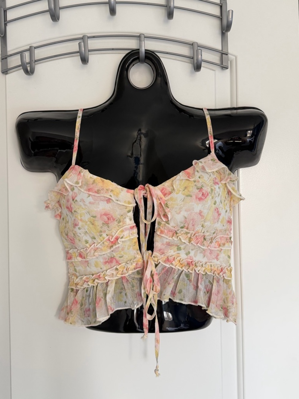 Coquette Floral Tie Front Ruffle Crop Top NWT Pink Yellow Small - Picture 2 of 9